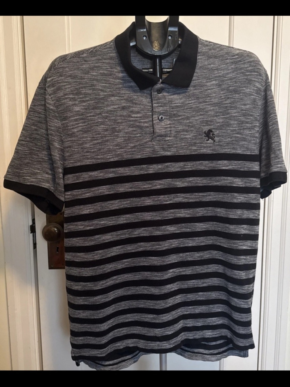Express Mens Polo Shirt Large Gray Black Striped Short Sleeve Lion Logo Casual